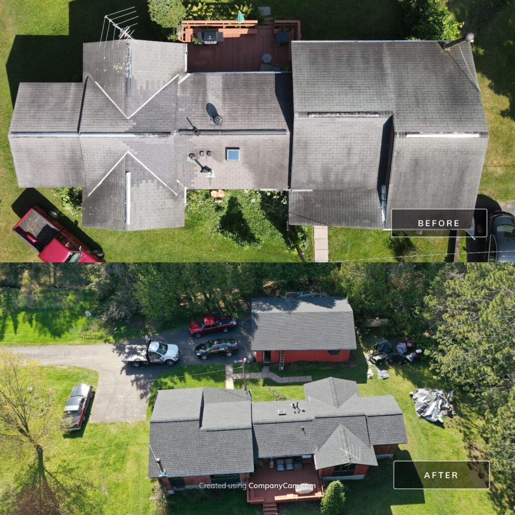 Before and after aerial of an asphalt roof replacement on a northern Minnesota home.