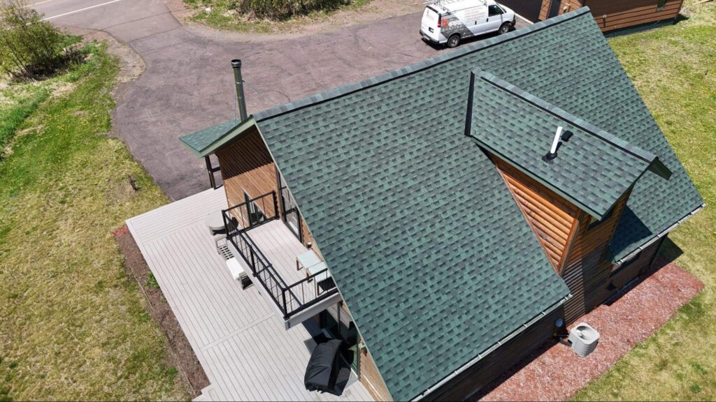 Drone photo of a shingle roof during a roof inspection in Cloquet, MN.