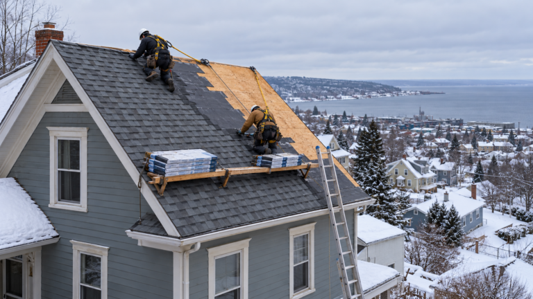 Roofers replacing a roof in winter on a snowy hillside home overlooking a lake.