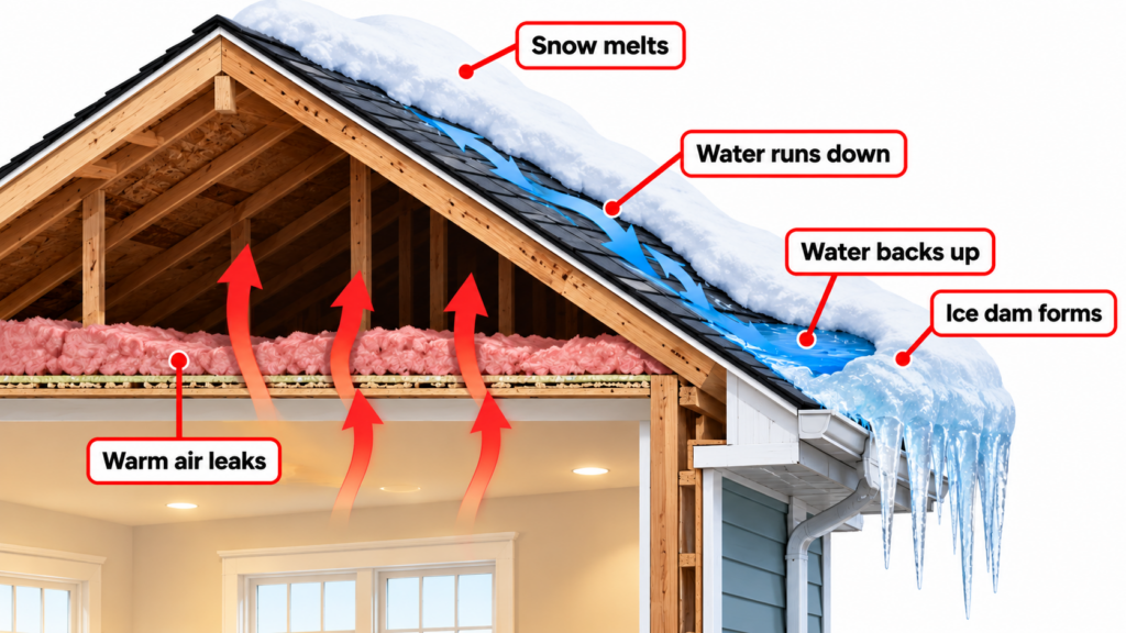 Diagram showing how warm attic air melts roof snow and forms an ice dam