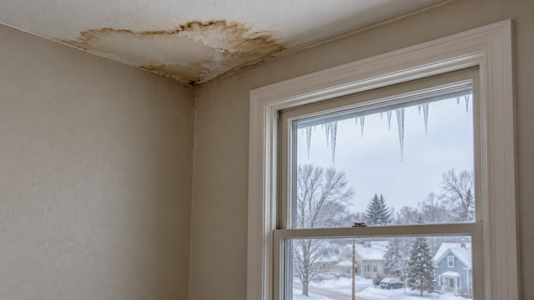 Brown water stain on a bedroom ceiling from ice dam roof damage, with icicles outside