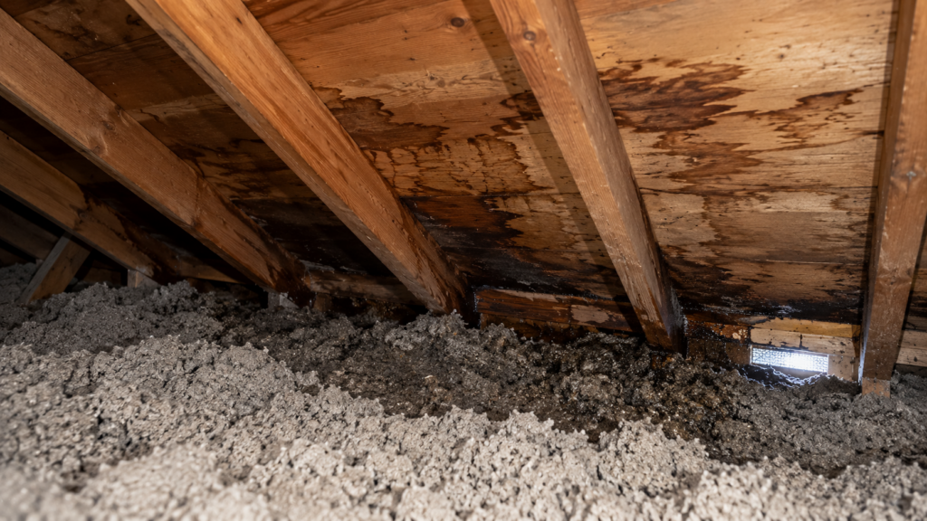Water-stained roof boards and wet attic insulation near the eaves from an ice dam