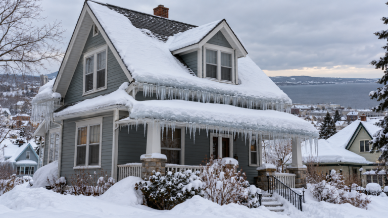 Thick icicles and ice dams along the snowy roof of an older hillside home